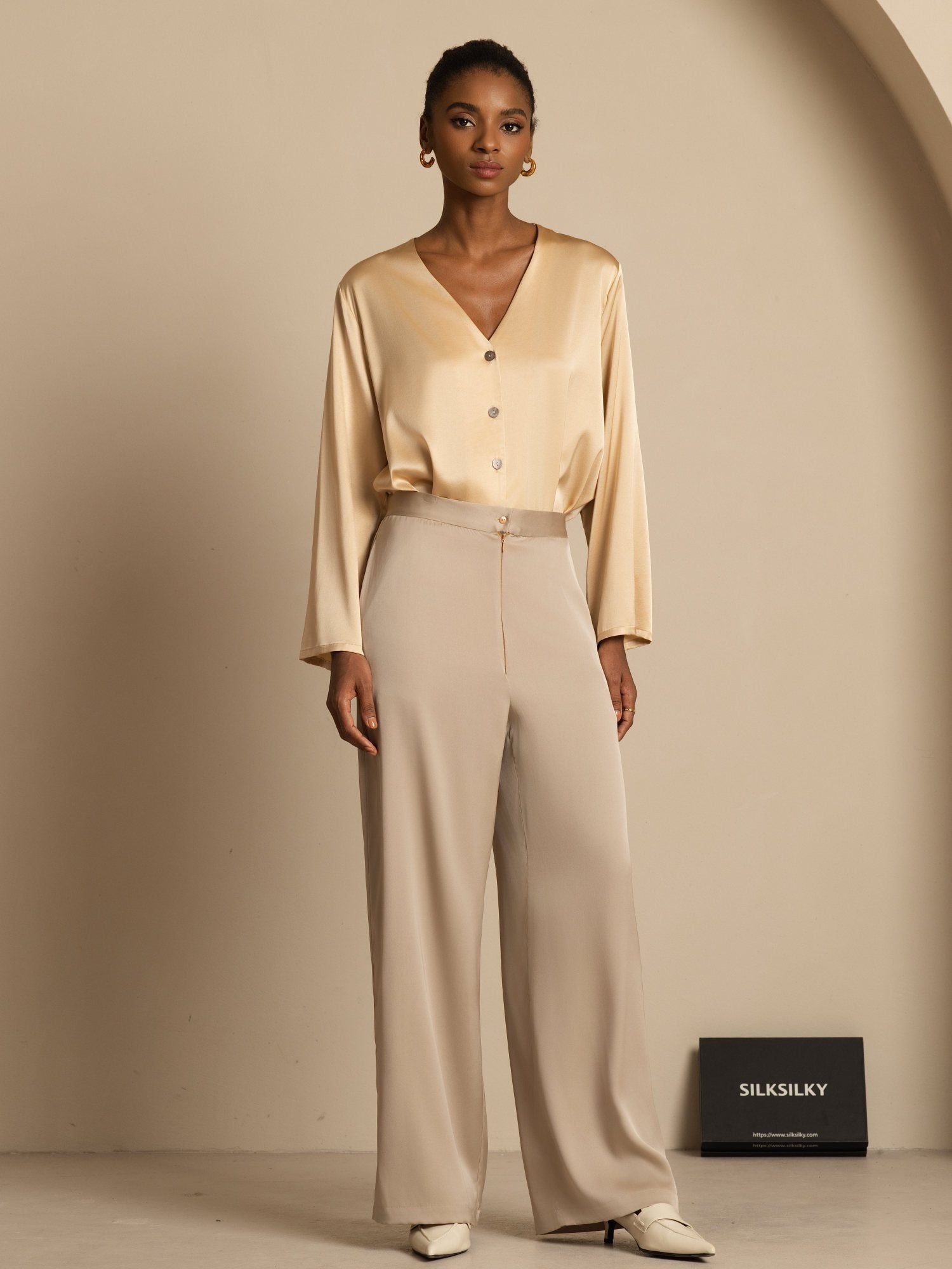 [تان (بني فاتح)] SilkSilky-SA 19Momme الحرير Womens Pants 007