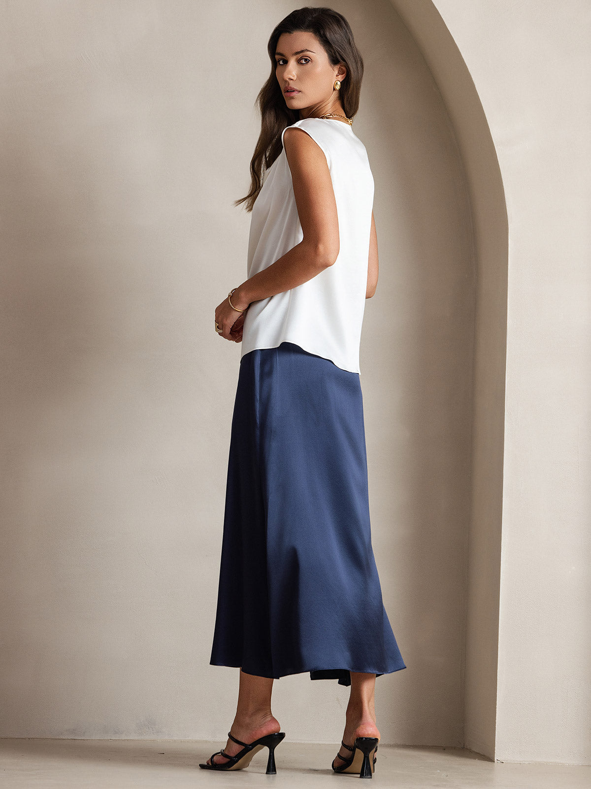 [أبيض] SilkSilky-SA 19Momme الحرير فتحة عنق بثنيات ملفوفة تي شيرت نسائية 002,