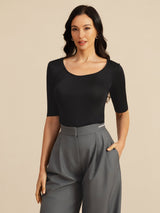 [أسود] SilkSilky-SA Half Sleeve Scoop Neck تي شيرت نسائية 005