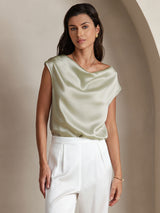 [اخضر فاتح] SilkSilky-SA Cap Sleeve Cowl Neck تي شيرت نسائية 001