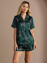 [حمار وحشي زمردي] SilkSilky-SA Short Sleeve Lapel Collar طقم بيجامة نسائي 001
