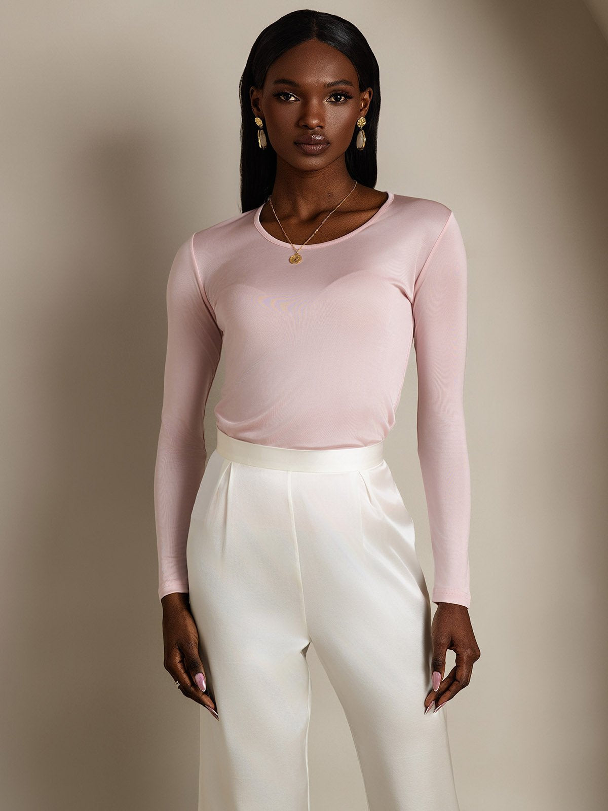 [وردى مرجانى] SilkSilky-SA الحرير رقبة مستديرة تي شيرت نسائية 001,