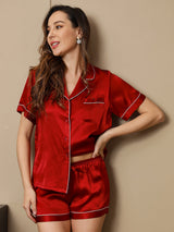 [خمر] SilkSilky-SA Short Sleeve Lapel Collar طقم بيجامة نسائي 005
