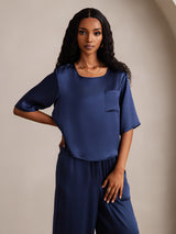 [أزرق غامق] SilkSilky-SA Half Sleeve Round Neck طقم بيجامة نسائي 007