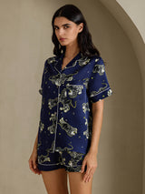 [أسد أزرق داكن] SilkSilky-SA Short Sleeve Notch Collar طقم بيجامة نسائي 003