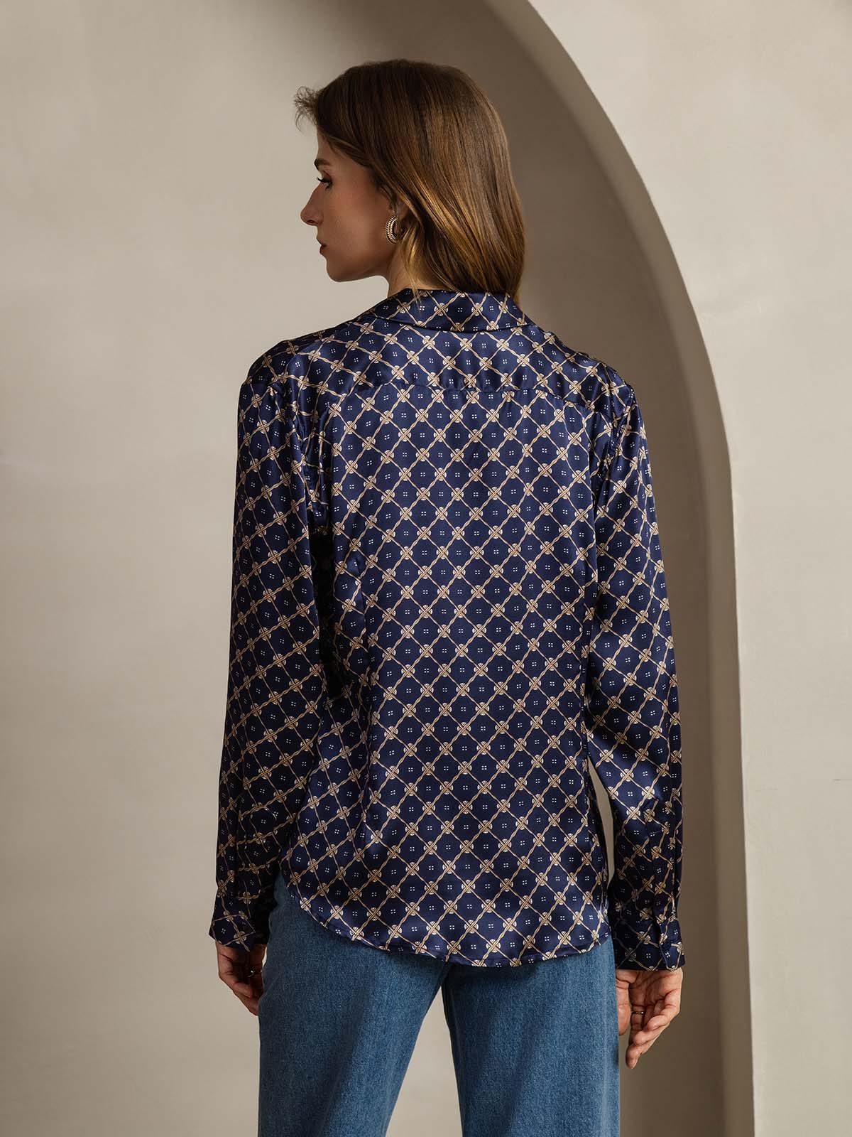 [سلسلة كحلي] SilkSilky-SA الحرير الأكمام الطويلة الياقة بلايز نسائية 002