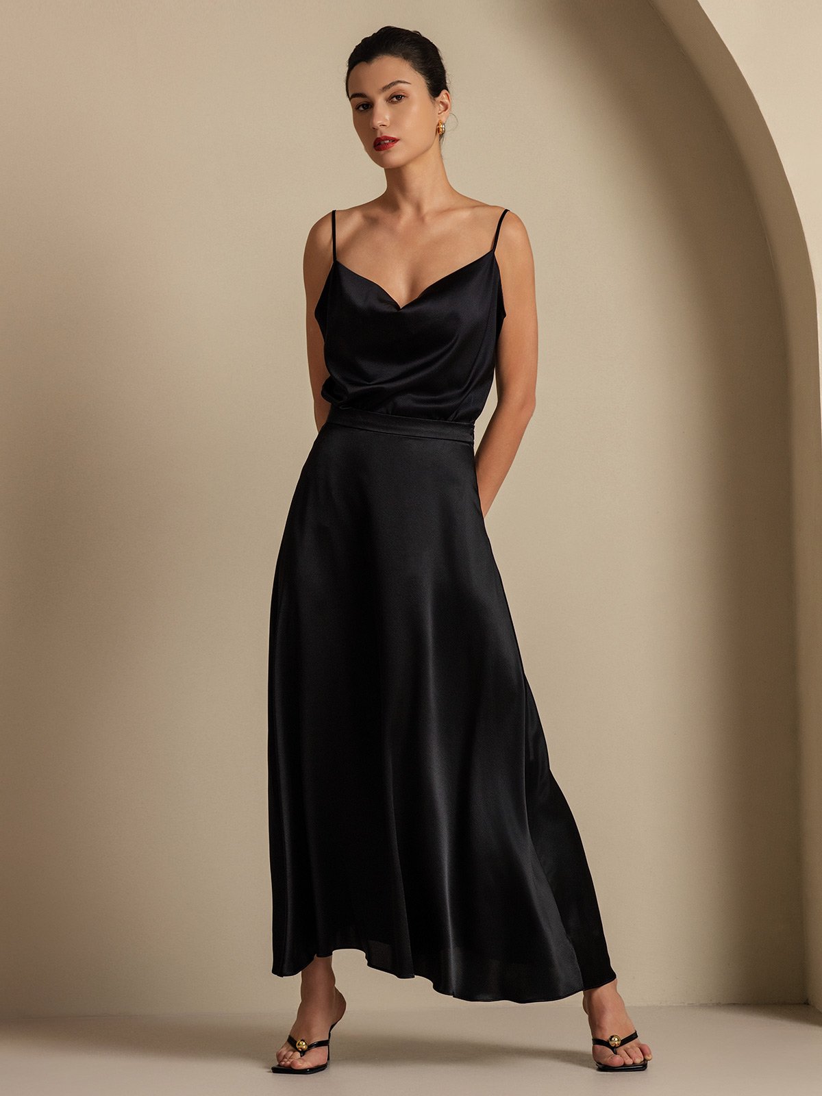 [أسود] SilkSilky-SA 19Momme الحرير فتحة عنق بثنيات ملفوفة Women''s Outfit Sets 008,