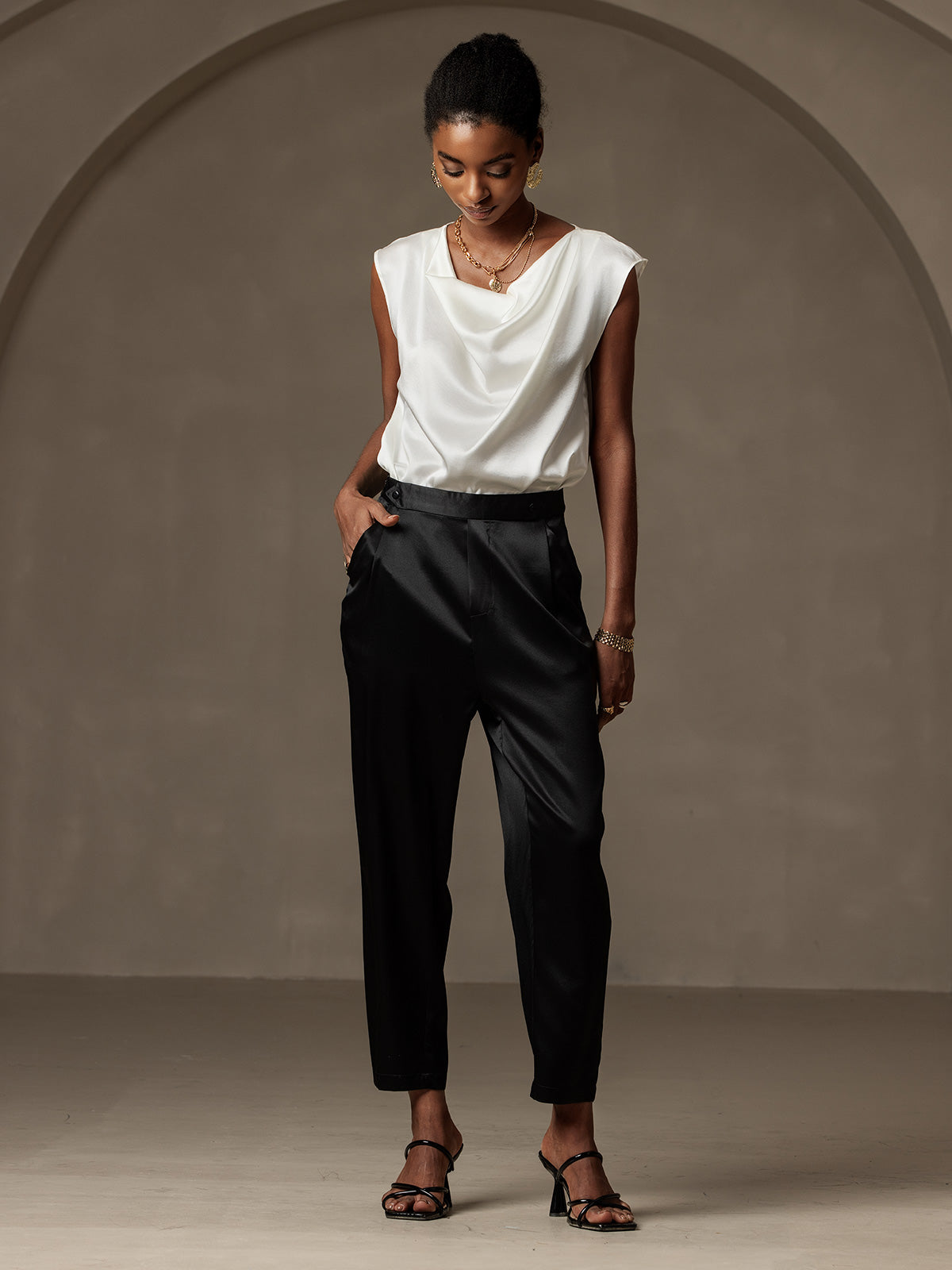 [أسود] SilkSilky-SA 19Momme الحرير Womens Pants 001