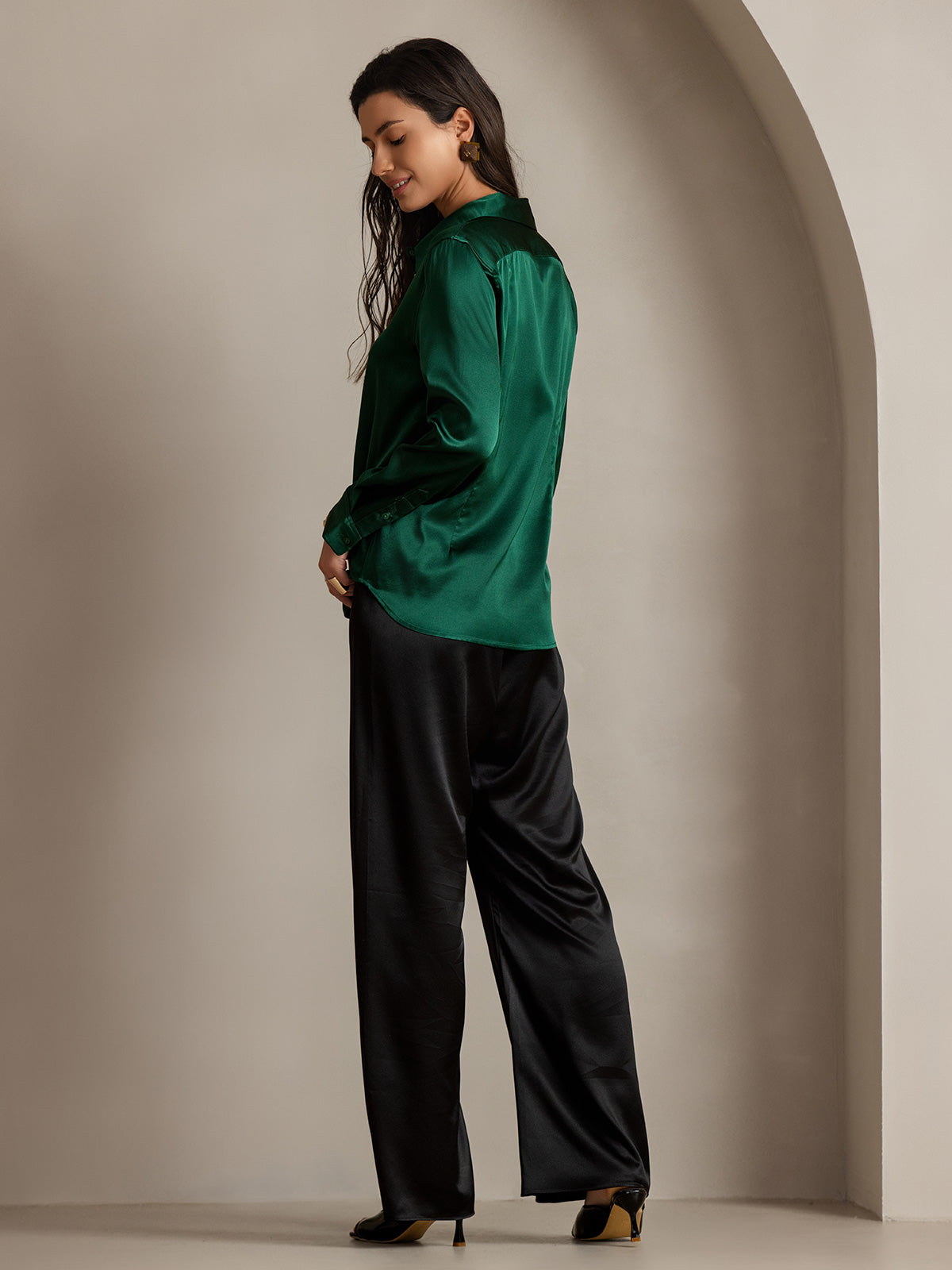 [أخضر غامق] SilkSilky-SA الحرير الأكمام الطويلة الياقة بلايز نسائية 002