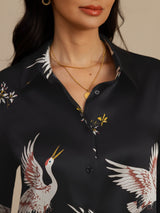 [أسود] SilkSilky-SA Long Sleeve Lapel Collar بلايز نسائية 007