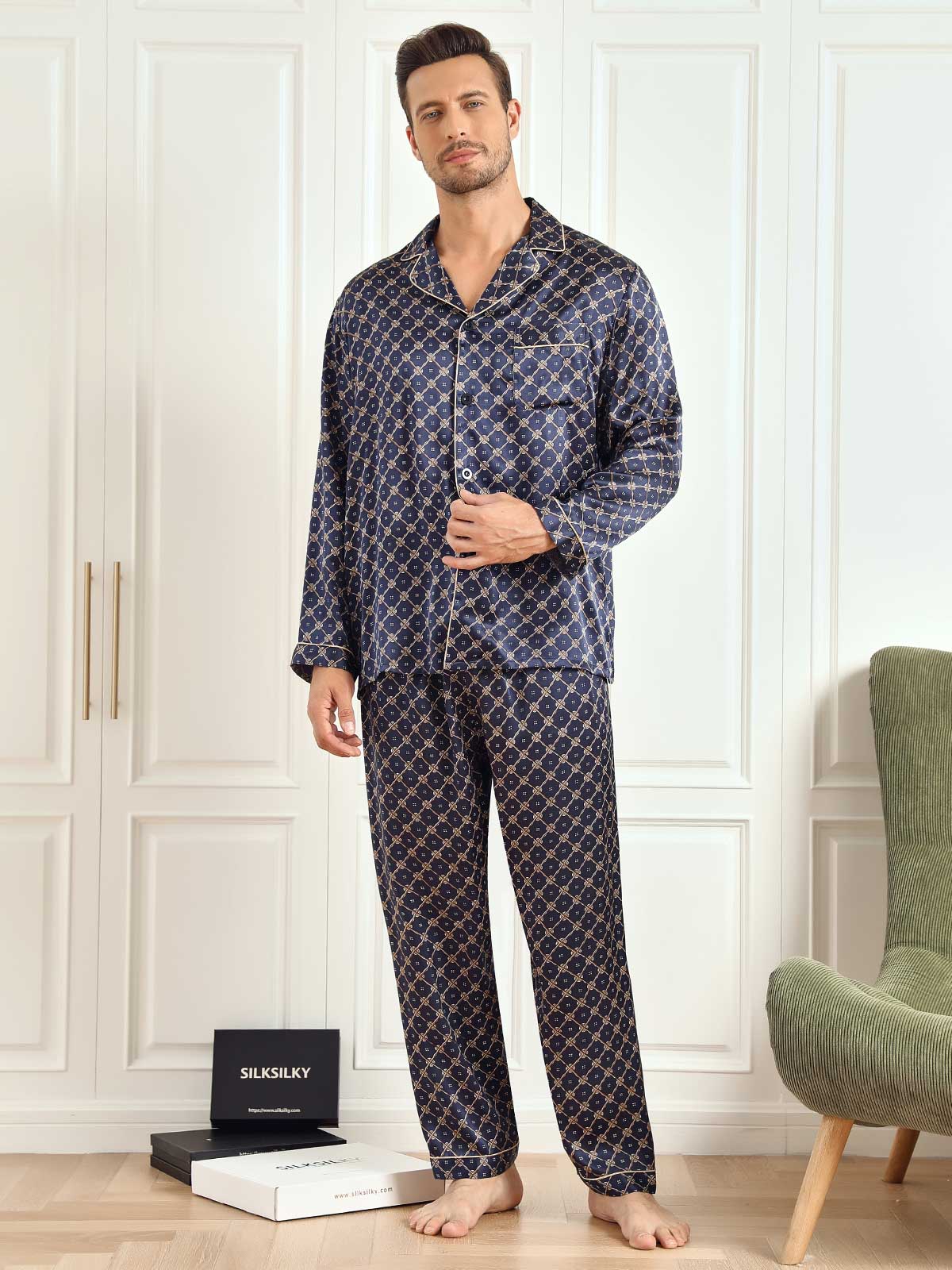 [سلسلة كحلي] SilkSilky-SA 19Momme الحرير الخالص Mens Pajamas 004