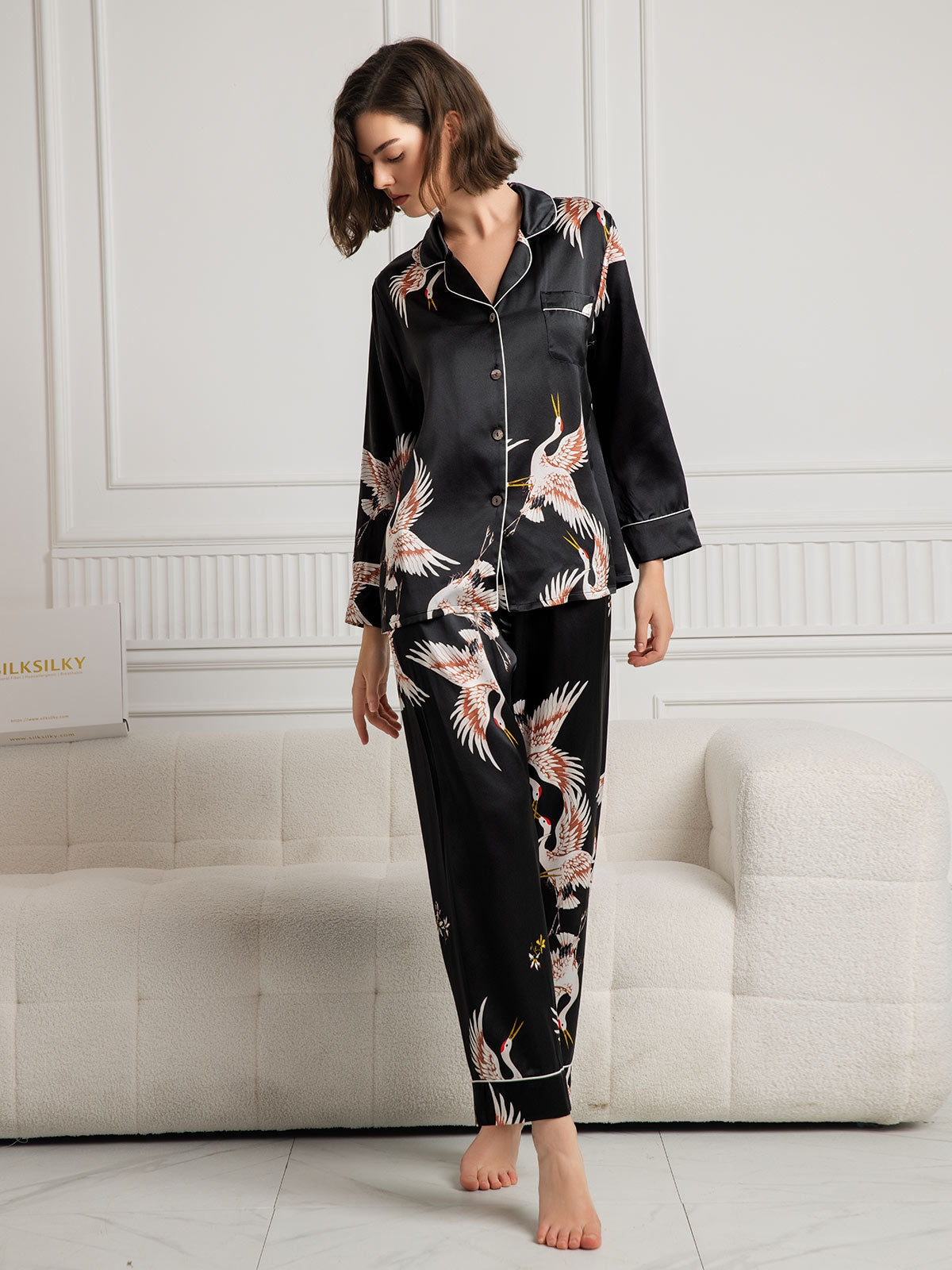 [أسود] SilkSilky-SA 19Momme الحرير الخالص Womens Pajamas 004