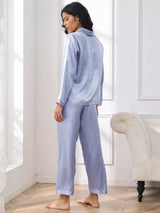 [الأزرق الصلب] SilkSilky-SA Long Sleeve Lapel Collar طقم بيجامة نسائي 002