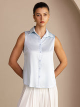 [أزرق فاتح] SilkSilky-SA Sleeveless Lapel Collar بلايز نسائية 003