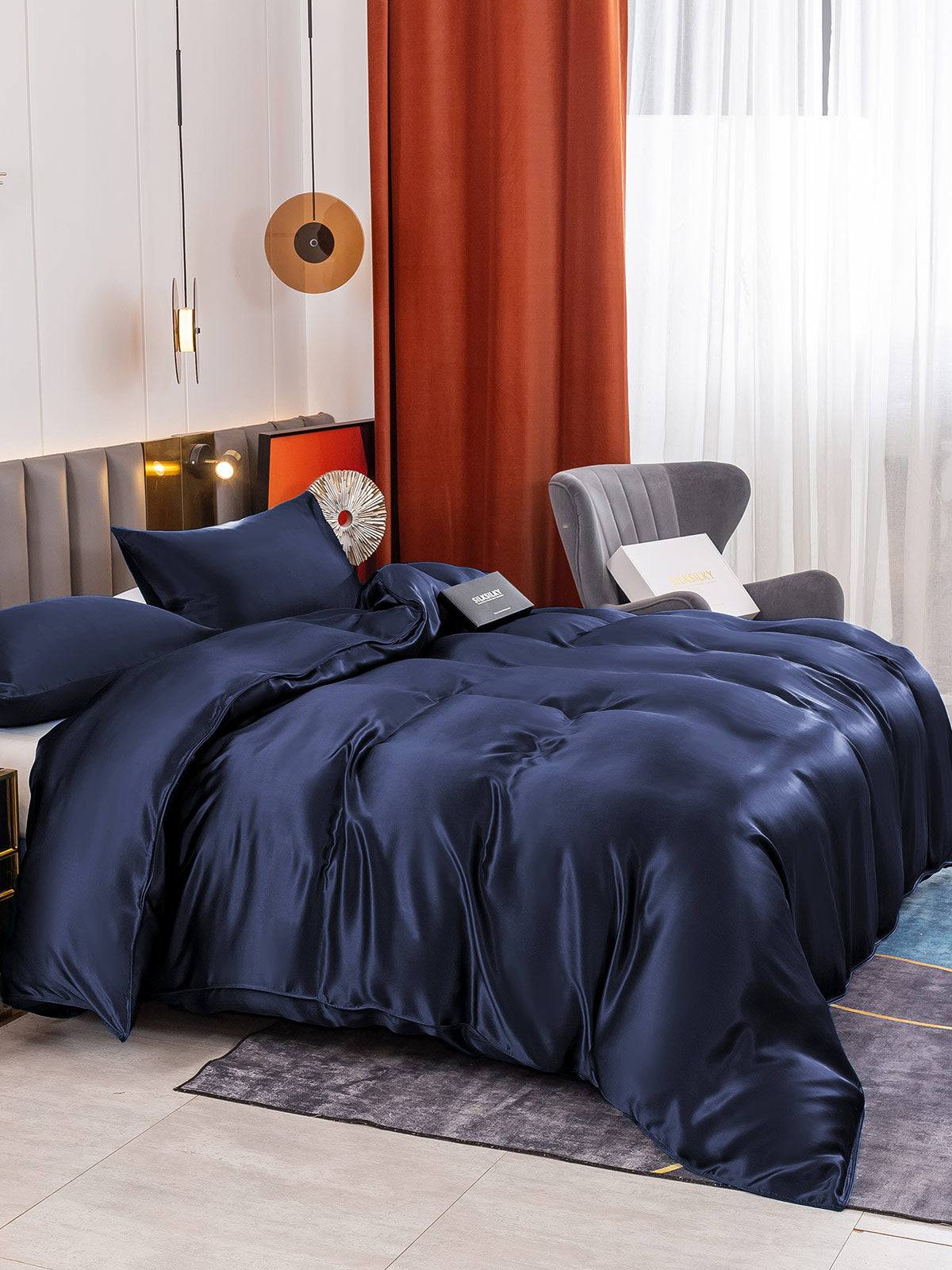 SilkSilky SA 19Momme الحرير الخالص Bedding Set أزرقغامق 003