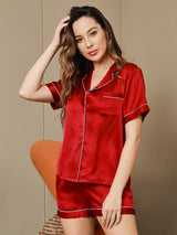 [خمر] SilkSilky-SA Short Sleeve Lapel Collar طقم بيجامة نسائي 003