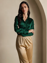 [أخضر غامق] SilkSilky-SA Long Sleeve Lapel Collar بلايز نسائية 007