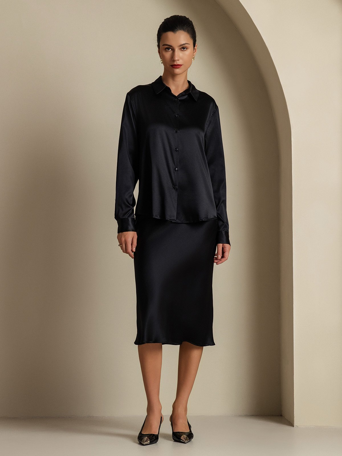 [أسود] SilkSilky-SA 19Momme الحرير Lapel Collar Women''s Outfit Sets 003,