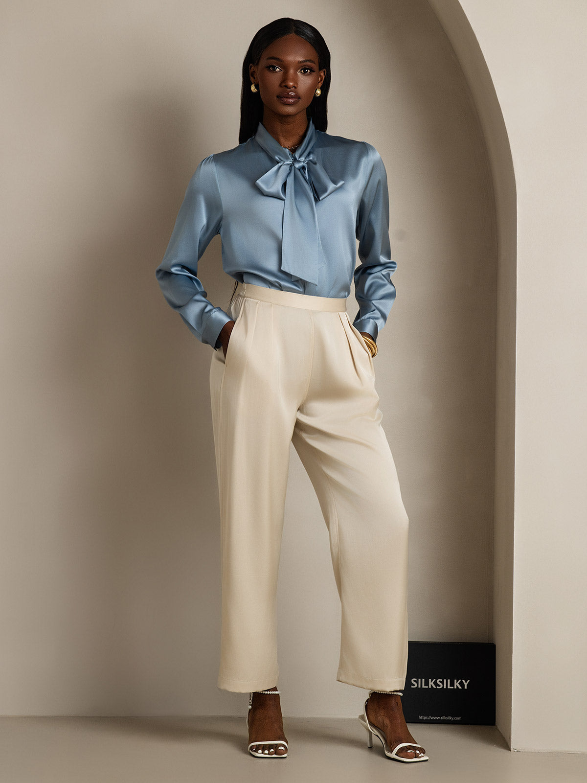 [أزرق رمادي] SilkSilky-SA 19Momme الحرير الأكمام الطويلة Blouse 005