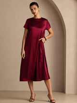 [احمر غامق] SilkSilky-SA Short Sleeve Crew Neck فساتين نسائية 006