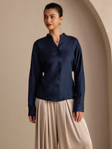 [أزرق غامق] SilkSilky-SA Long Sleeve Split بلوزات نسائية 004