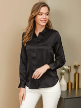 [أسود] SilkSilky-SA Long Sleeve Lapel Collar بلايز نسائية 001