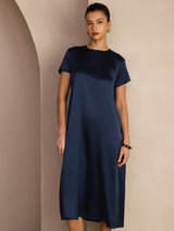 [أزرق غامق] SilkSilky-SA Short Sleeve Round Neck فساتين نسائية 005