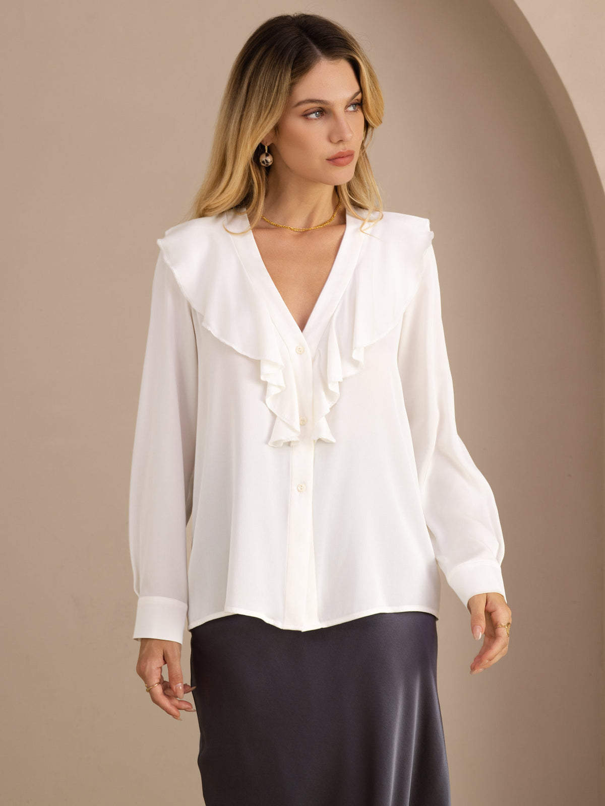 [أبيض] SilkSilky-SA Long Sleeve Deep V Neck بلوزات نسائية 001