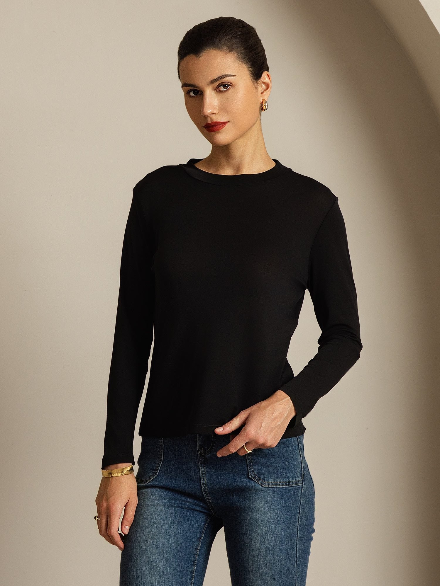 [أسود] SilkSilky-SA الحرير الخالص Womens T-Shirt 001