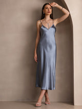 [أزرق رمادي] SilkSilky-SA Sleeveless V Neck فساتين نسائية 005