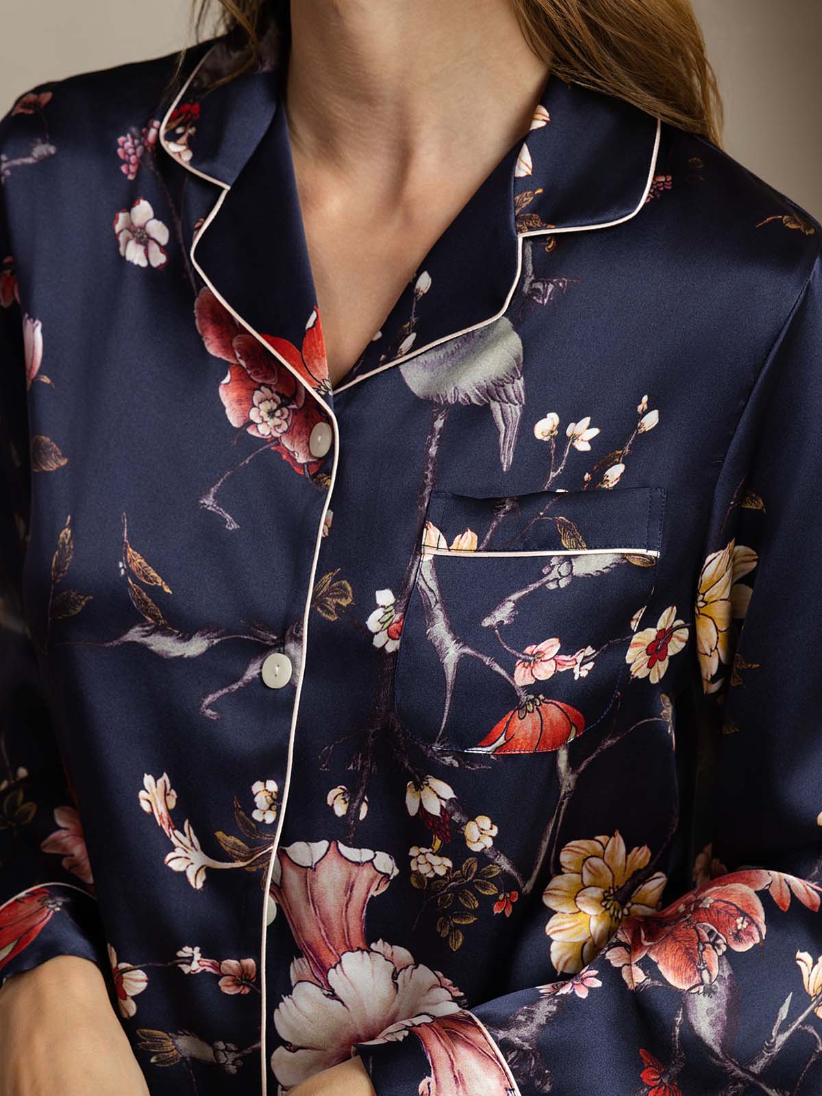 [زهري كحلي] SilkSilky-SA الحرير الخالص Notch Collar طقم بيجامة نسائي 005,