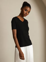 [أسود] SilkSilky-SA Short Sleeve V Neck تي شيرت نسائية 003