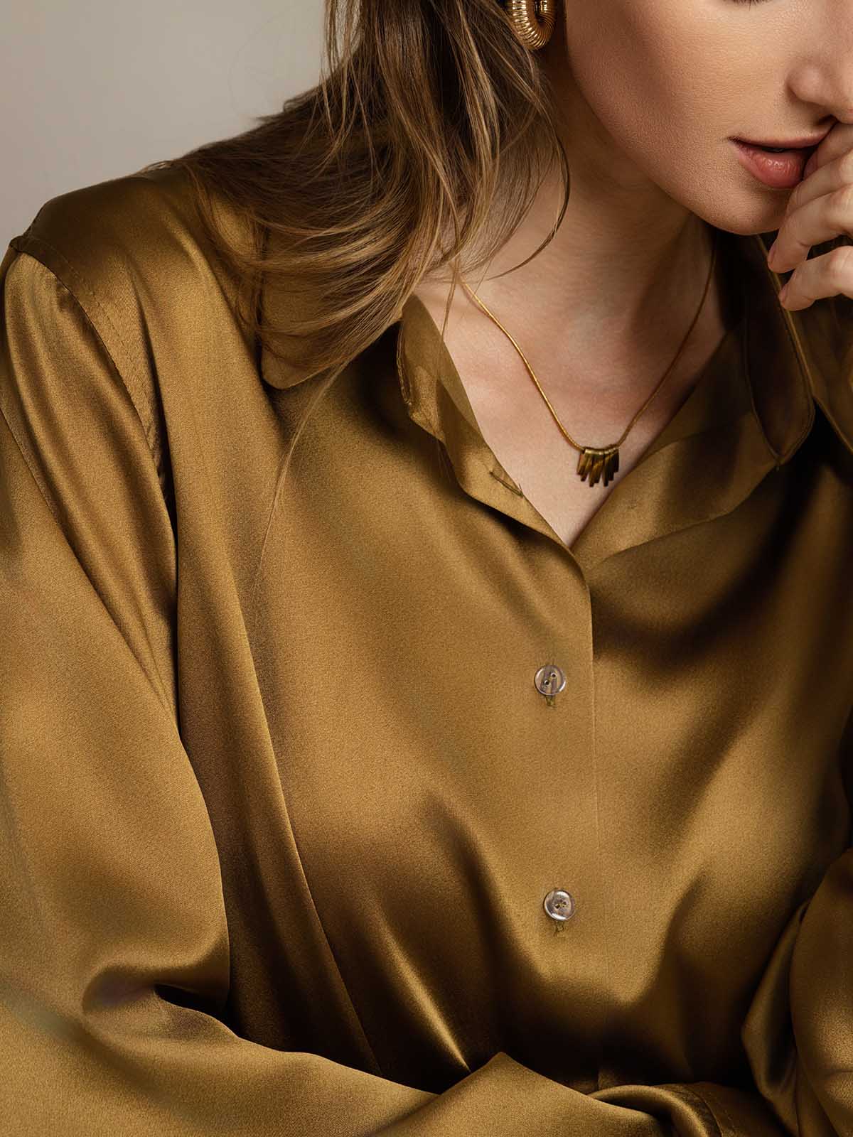 [برونزي] SilkSilky-SA الحرير Lapel Collar بلايز نسائية 005