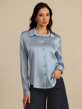 [أزرق رمادي] SilkSilky-SA Long Sleeve Lapel Collar بلايز نسائية 001