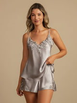 [رمادي فاتح] SilkSilky-SA Sleeveless V Neck مجموعة قميص قصير 001
