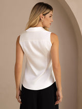 [أبيض] SilkSilky-SA Sleeveless Lapel Collar بلايز نسائية 002