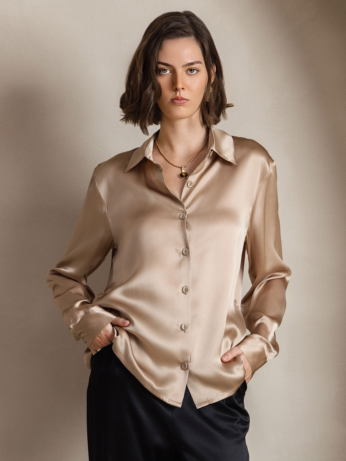 [شامبانيا] SilkSilky-SA الحرير Lapel Collar بلايز نسائية 001