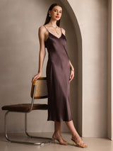 [قهوة] SilkSilky-SA Sleeveless V Neck فساتين نسائية 007