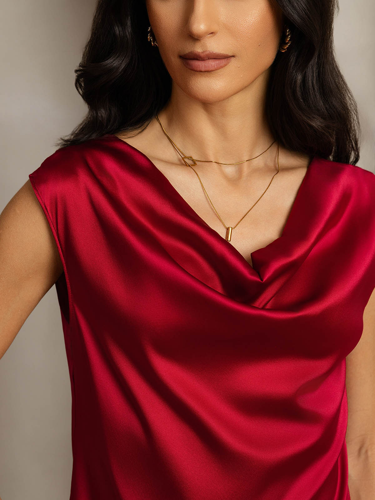 [خمر] SilkSilky-SA 19Momme الحرير فتحة عنق بثنيات ملفوفة تي شيرت نسائية 005,