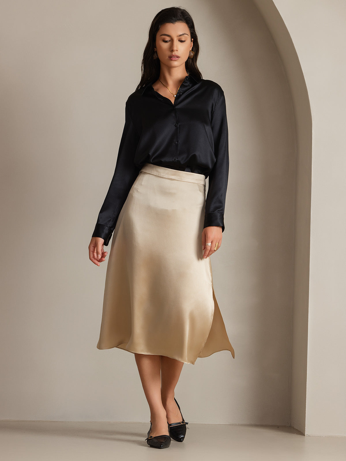 [أسود] SilkSilky-SA الحرير الأكمام الطويلة الياقة بلايز نسائية 003