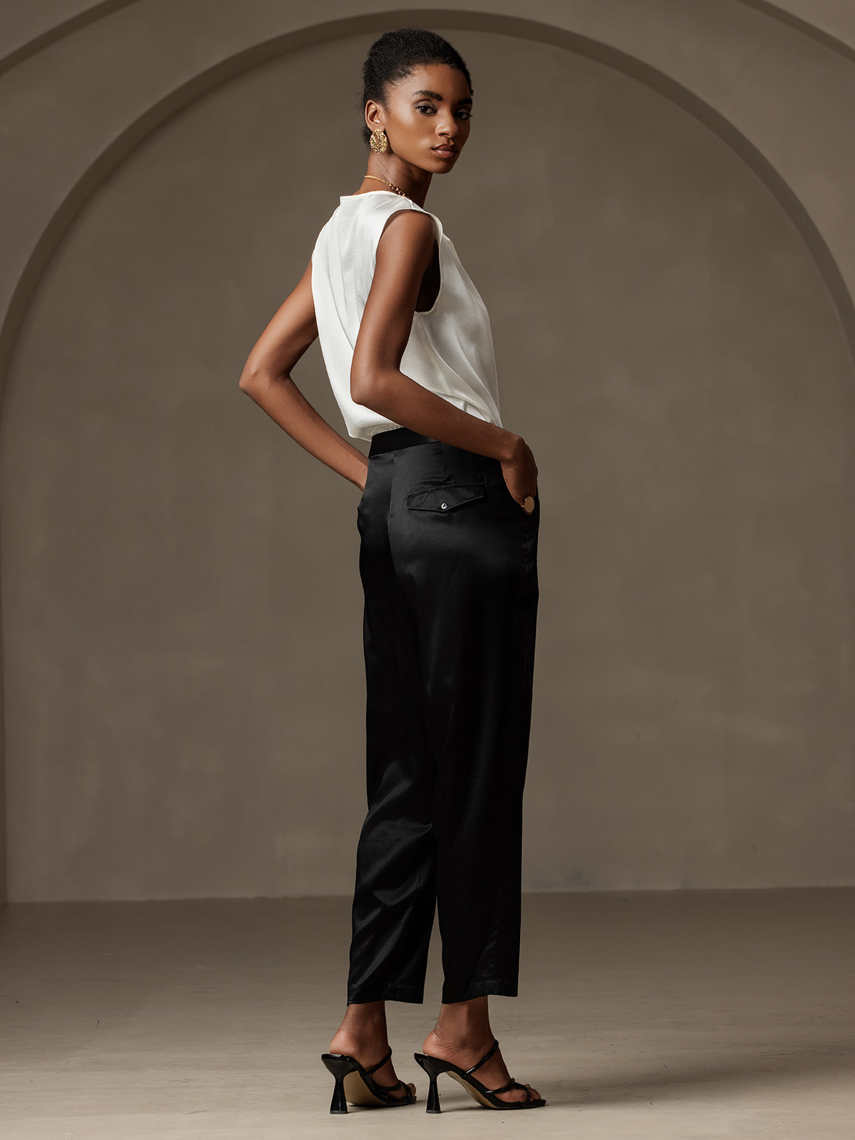 [أسود] SilkSilky-SA 19Momme الحرير Womens Pants 002