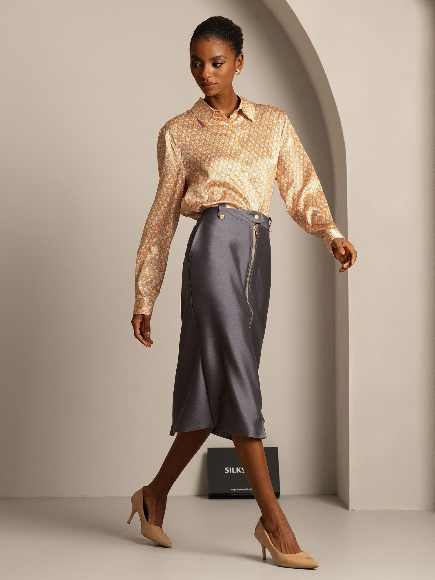 [رمادي] SilkSilky-SA 32Momme الحرير Split تنانير نسائية 006,