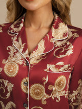 [تنين بلون النبيذ] SilkSilky-SA Long Sleeve Lapel Collar طقم بيجامة نسائي 004