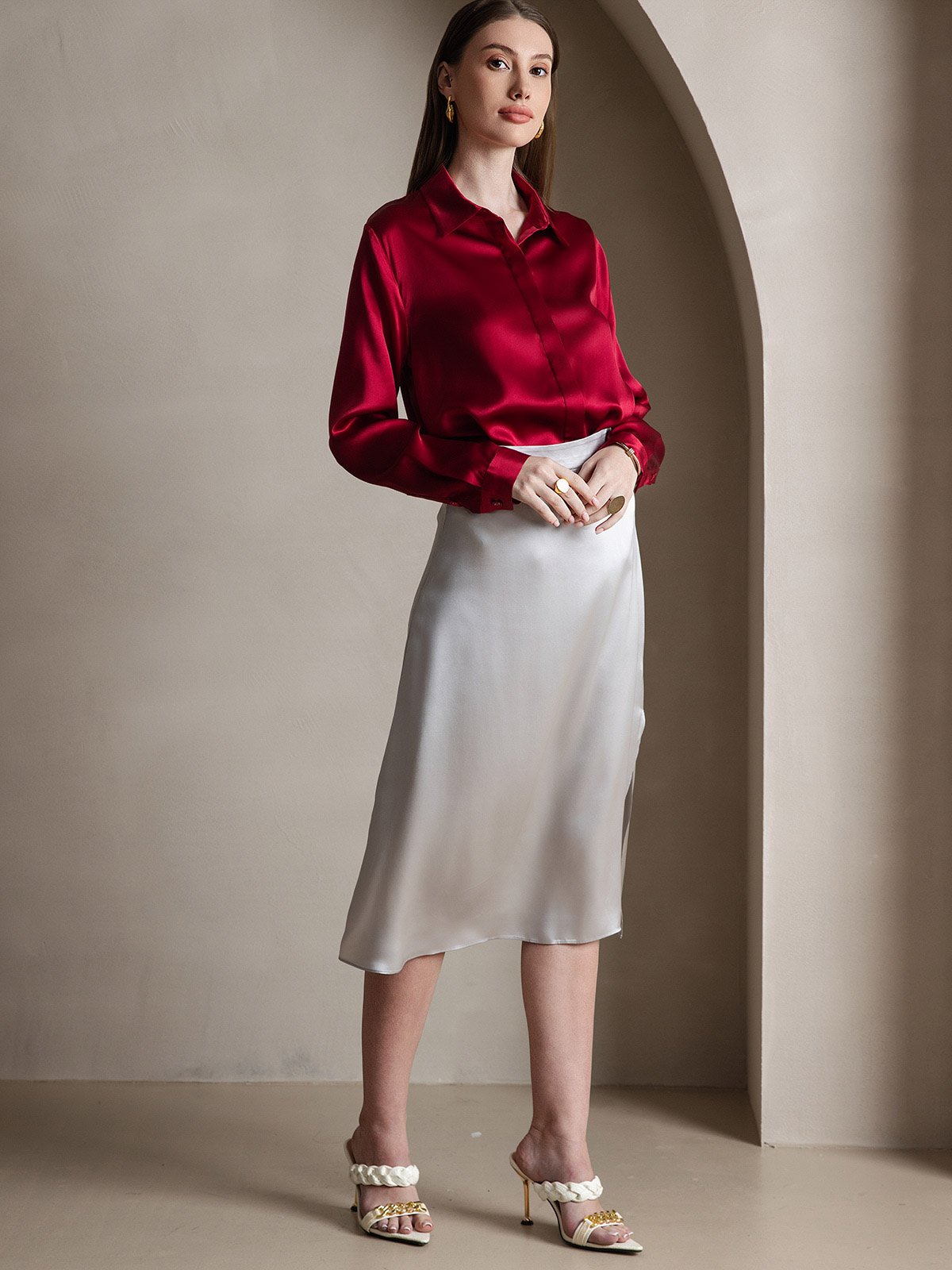 [خمر] SilkSilky-SA 19Momme الحرير الأكمام الطويلة Lapel Collar بلايز نسائية 006