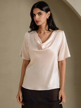 [اللون البيج] SilkSilky-SA Short Sleeve Cowl Neck بلوزات نسائية 003