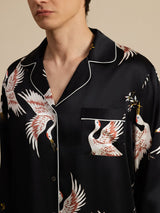 [أسود] SilkSilky-SA Long Sleeve Lapel Collar بيجامة رجالية 005