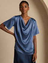 [أزرق بترولي حقيقي] SilkSilky-SA Short Sleeve Cowl Neck بلوزات نسائية 005