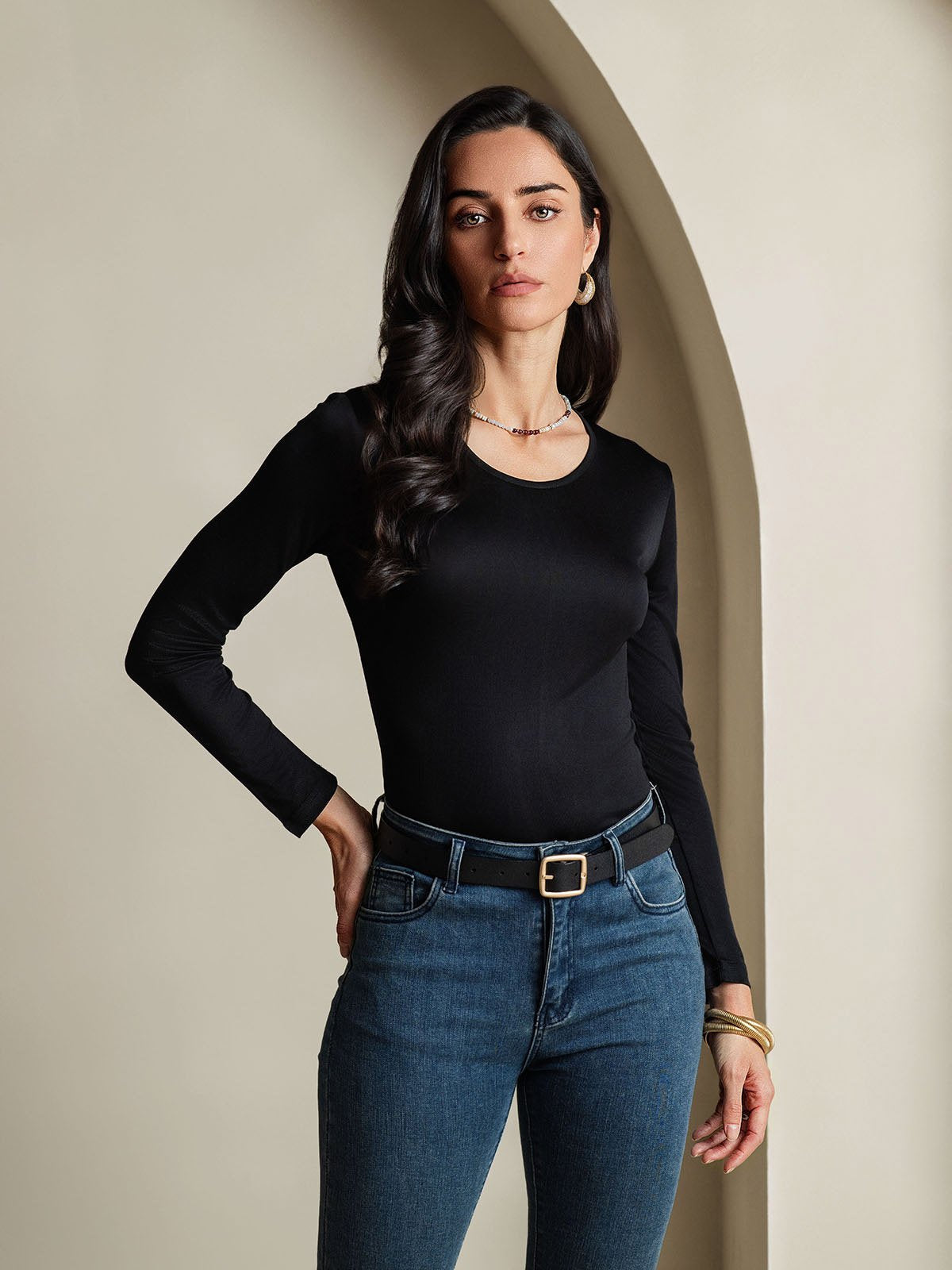 [أسود] SilkSilky-SA الحرير رقبة مستديرة تي شيرت نسائية 001,