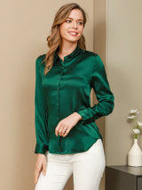 [أخضر غامق] SilkSilky-SA Long Sleeve Lapel Collar بلايز نسائية 001