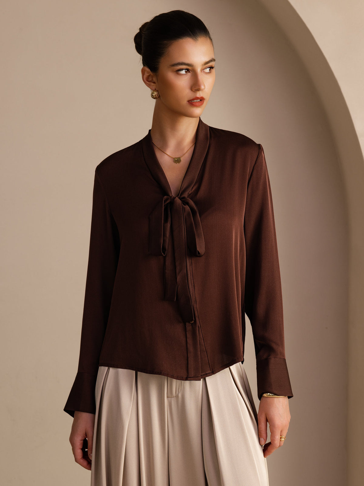 [شوكولاتة داكنة] SilkSilky-SA Long Sleeve Tie Neck بلوزات نسائية 001